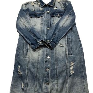 BBJ Los Angeles Long Trucker Distressed Denim Jacket  size large